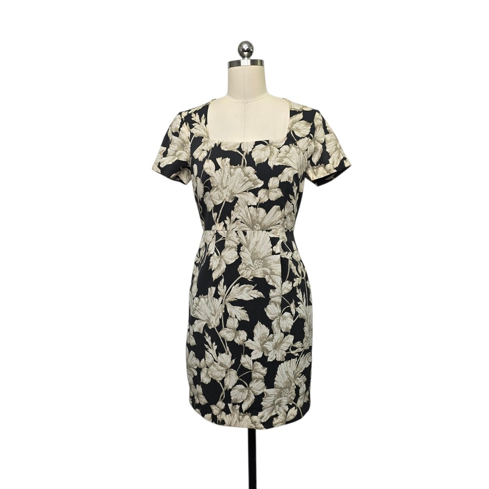 Banana Republic Womens Size 4P Black Floral‎ Square Neck Sheath Stretch Dress